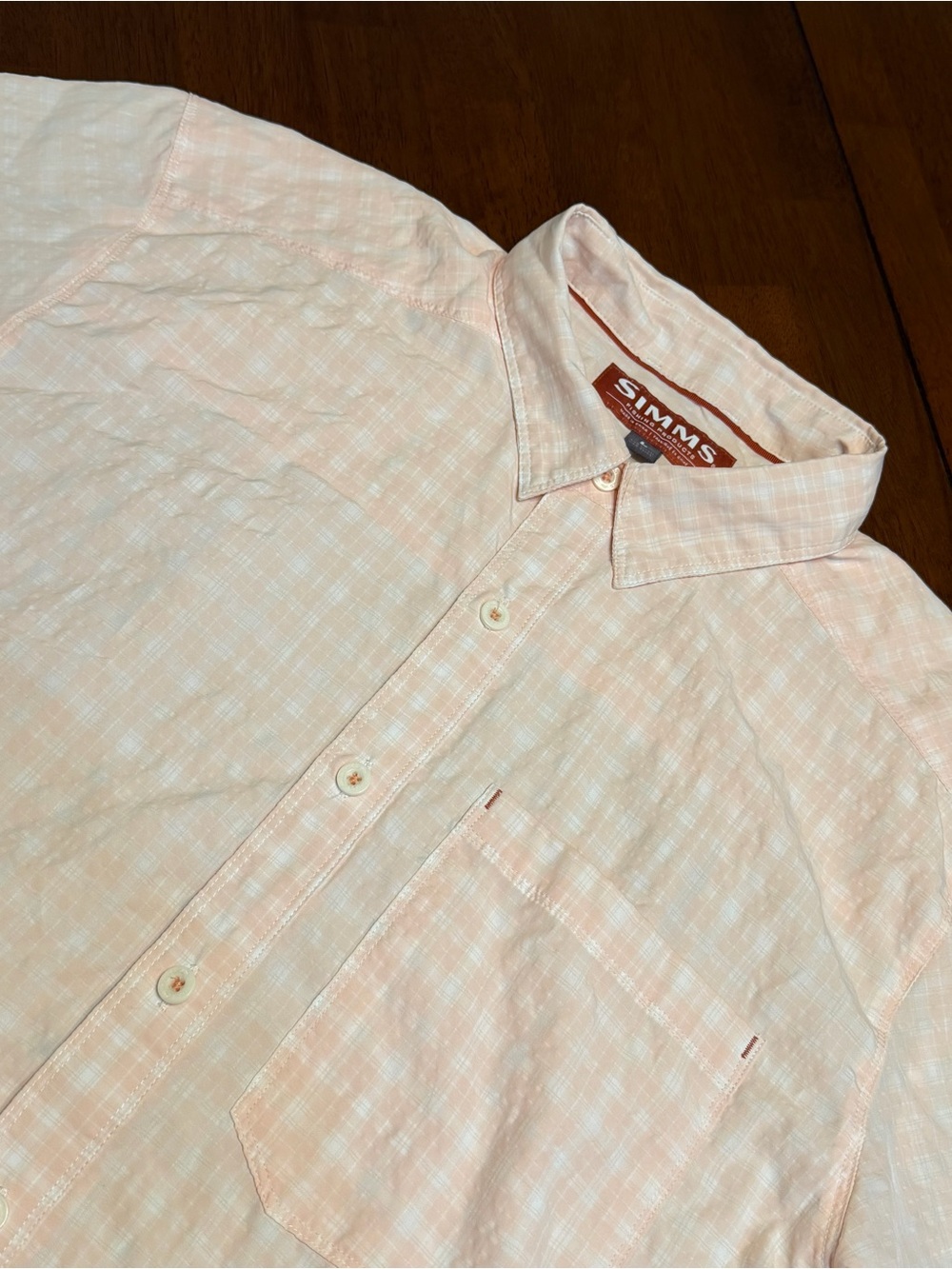 Simms Shirt Mens Large Peach Plaid Short Sleeve Performance Fishing Button Up